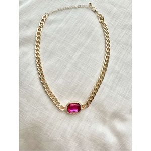 Hot pink rhinestone, gold chain necklace